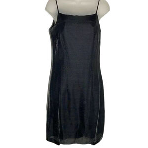 Vintage Huis Clos Black Metallic Mini Dress Size 6 Sleeveless Sheer Overlay Y2K